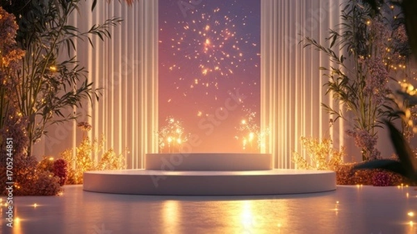 Fototapeta Banner design for diwali festival and podium,Diwali light decoration candle with fireworks,Stage,Product display Showcase design sparkle background,Deepavali,Dipavali,3D podium illustration.