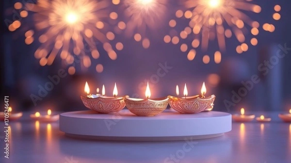 Fototapeta Banner design for diwali festival and podium,Diwali light decoration candle with fireworks,Stage,Product display Showcase design sparkle background,Deepavali,Dipavali,3D podium illustration.