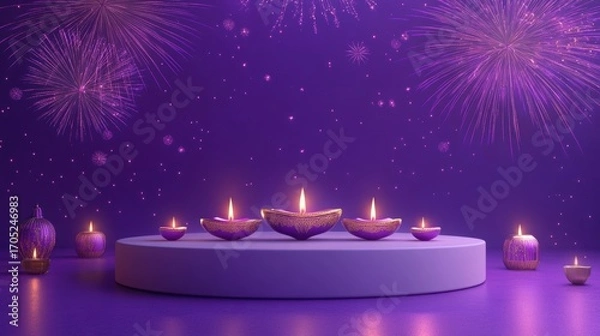 Fototapeta Banner design for diwali festival and podium,Diwali light decoration candle with fireworks,Stage,Product display Showcase design sparkle background,Deepavali,Dipavali,3D podium illustration.