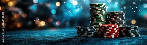 Fototapeta Colorful poker chips stacked on table. Stylish web banner for online casino website. Copy space for text.