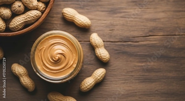 Fototapeta Creamy peanut butter in a bowl with whole peanuts on a wooden table