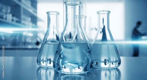 Fototapeta Laboratory glassware with blue liquid in a science lab for experiment and research