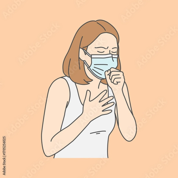 Fototapeta Illustration of a woman in a mask coughing, highlighting health, respiratory issues, and safe practices