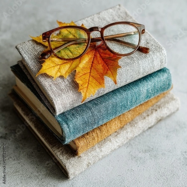 Fototapeta Stack of books with glasses and autumn leaves on a textured surface.