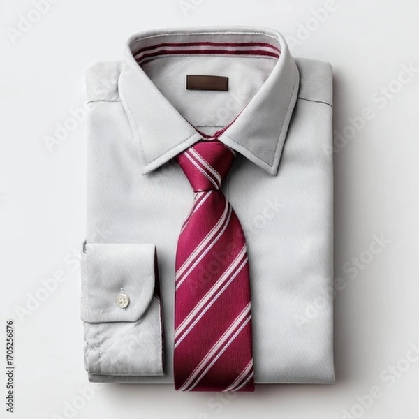 Fototapeta Folded shirt with a red striped tie neatly arranged.