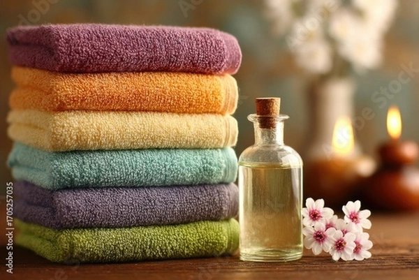 Fototapeta Stacked towels with essential oil and flowers in a relaxing setting.