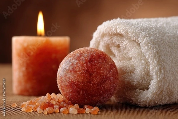 Fototapeta Relaxing spa scene with a candle, bath salt, and a towel.