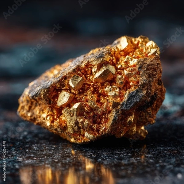 Fototapeta Shiny gold mineral on a textured surface with reflections.