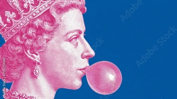Fototapeta A stylized illustration of a woman with curly hair blowing a pink bubble gum. She wears a crown and has a regal expression against a blue background.