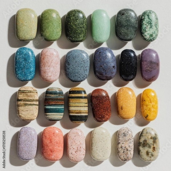 Fototapeta Colorful stone samples arranged in a grid pattern on a light background.
