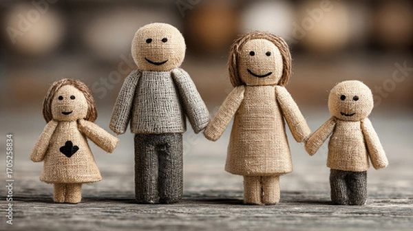 Fototapeta Handcrafted fabric dolls of a family, symbolizing unity and childhood warmth