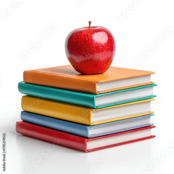 Fototapeta Stack of colorful books with a red apple on top.