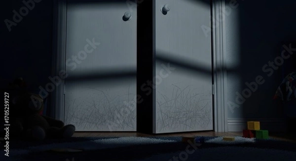 Fototapeta Scary closet door with scratch mark in dark child bedroom at night, spooky atmosphere of fear. Mysterious event. Halloween.