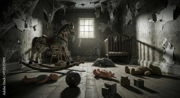 Fototapeta Spooky abandoned nursery with old toys lying on dusty floor of an empty house. Horror room with rocking horse, crib and spiderwebs for Halloween.