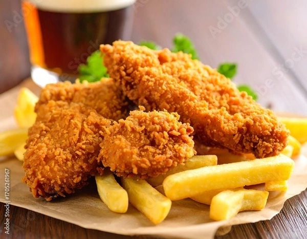 Obraz Crispy fried fish and chips on parchment paper