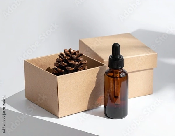 Obraz Brown Glass Bottle with Dropper and Pine Cone in Cardboard Box