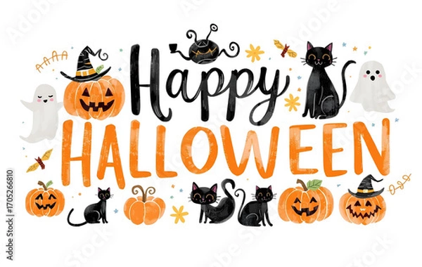 Fototapeta Happy Halloween Greeting Card with Cute Black Cats, Pumpkins, Ghosts, and Festive Lettering Illustration