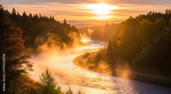 Obraz Misty River at Sunrise with Forest Landscape.