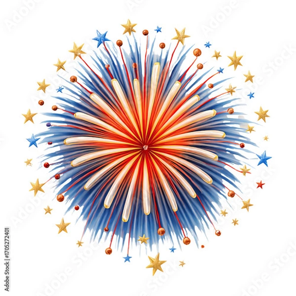 Fototapeta  colorful firework burst with red white blue streaks and golden stars festive celebration explosion radial pattern holiday sparkle transparent background
