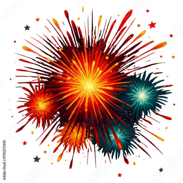 Fototapeta  vibrant festive fireworks explosion with colorful streaks and star shapes on transparent background for celebration, holiday, party, event, or greeting design