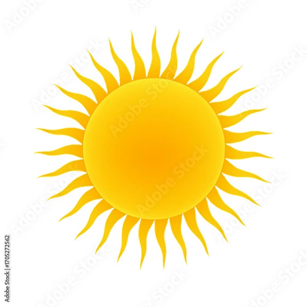 Fototapeta  bright symmetrical sun icon with curved flame rays, vibrant yellow center, dynamic daylight symbol for weather, energy, warmth, and artistic design