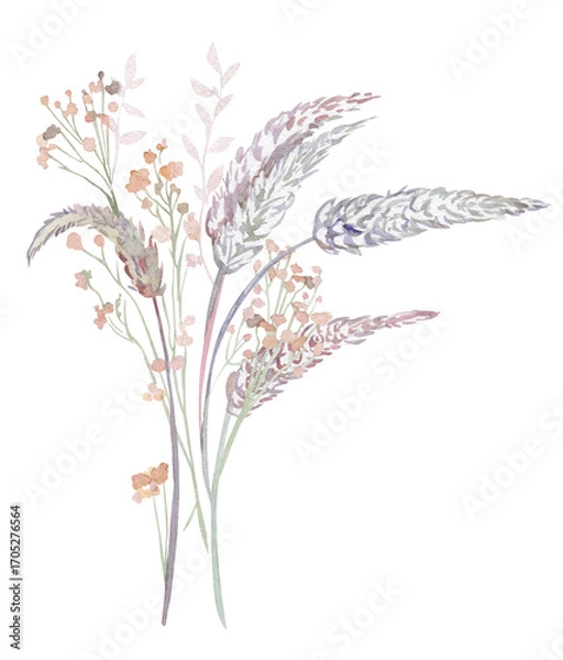 Fototapeta bush of grass painted with watercolor flowers an element for creating textile. High quality photo