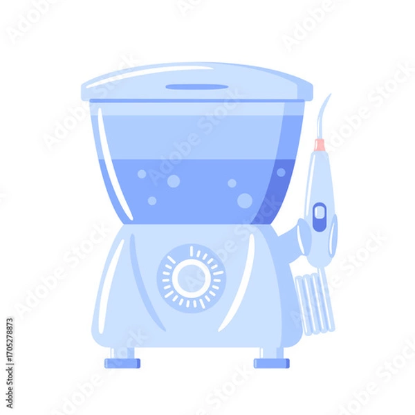 Fototapeta A flat-style vector illustration of a dental irrigator, featuring sleek device shapes, slim nozzle, and clean lines for a modern, clinical look.
