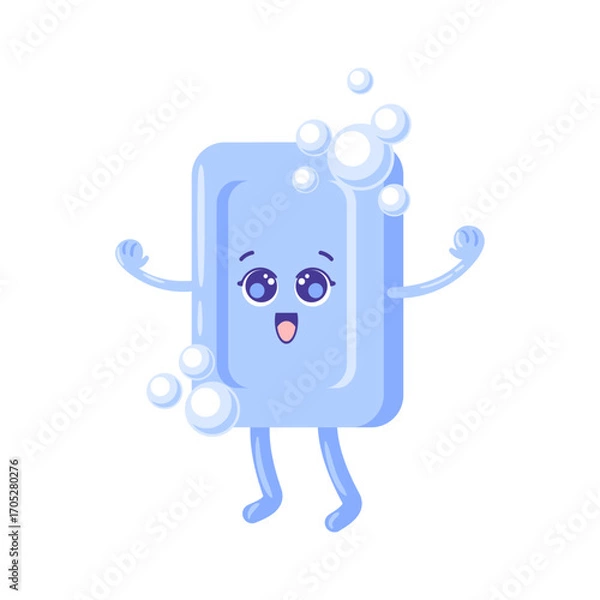 Fototapeta a cute kawaii character blue soap piece, soft pastel tones, bubbly eyes, rosy cheeks, simple round shapes, friendly and cheerful vibe for a branding vector illustration.