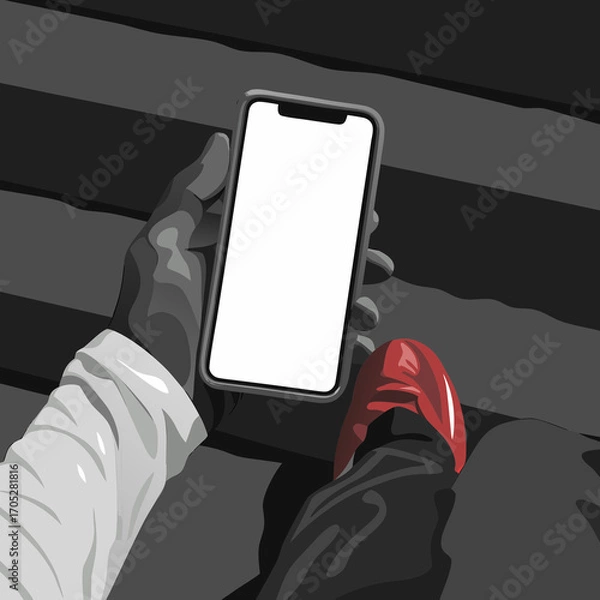 Fototapeta Person holding smartphone with blank white screen while walking down stairs, red shoes highlight.