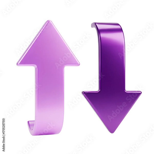 Obraz Two glossy purple arrows pointing up and down arrow up arrow down isolated on a white transparent background png file download.
