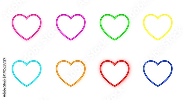 Obraz Eight colorful neon heart outlines with fluffy edges isolated on a white transparent background png file download.
