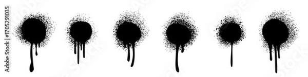 Fototapeta Spray paint splatter circles with dripping ink effect. Grunge graffiti elements in black with scattered spray texture. Urban art clip for background or stencil design. Grungy vector illustration.