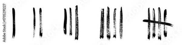 Fototapeta Tally marks brush strokes set. Black hand-painted counting lines in various styles, including single strokes and crossed fifth mark on white. Vector grunge ink design for counting, tracking, graphic.