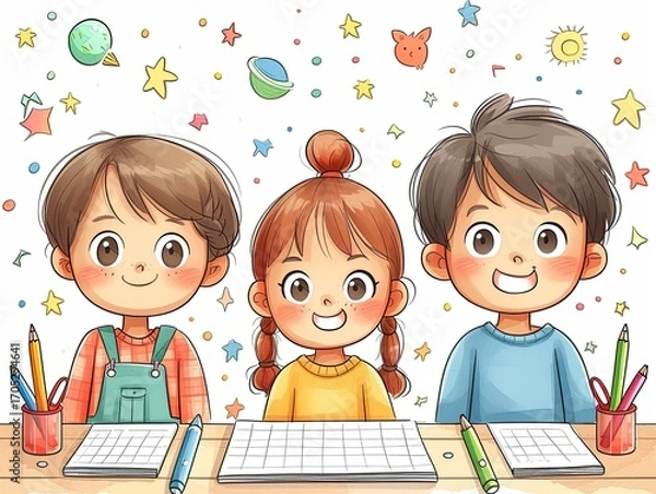 Fototapeta An image of children with colored pencils who are studying.