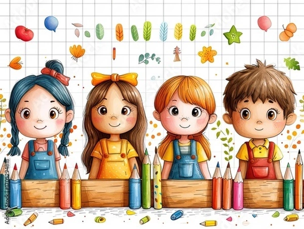 Fototapeta An image of children with colored pencils who are studying.
