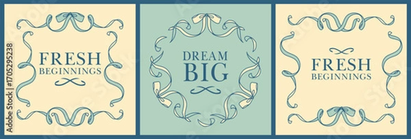 Fototapeta Elegant square templates with ribbon frames and inspirational statement. Vintage blue and cream designs, ideal for invitations, banners, and romantic notes