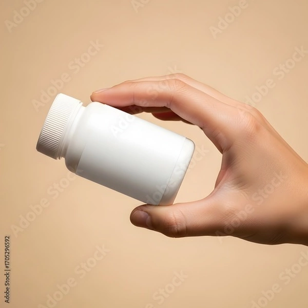 Obraz Hand Holding White Medicine Bottle with Blank Label Mockup on Beige Background