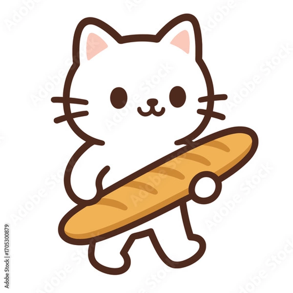Fototapeta Charming vector graphic of a cute kawaii cat holding a French bread loaf. This adorable animal character is walking, perfect for bakery logos or children's designs