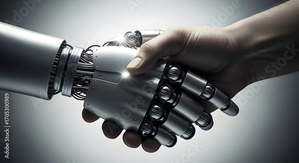 Obraz Human hand shaking with a robot hand symbolizing technology and partnership.