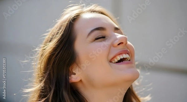 Obraz Happy Young Woman Laughing with Joy in the Bright Sunlight.