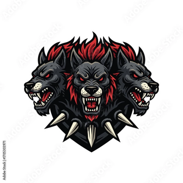 Fototapeta Mythological Cerberus emblem featuring a fierce three-headed hellhound with glowing red eyes and a spiked collar, a powerful mascot illustration