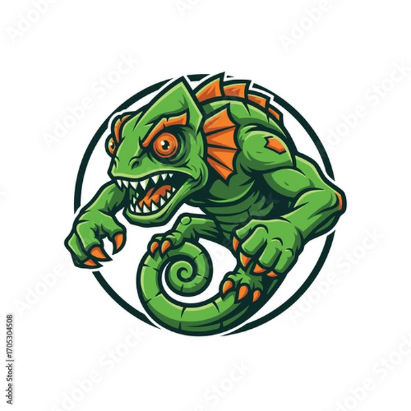 Fototapeta Angry Green Chameleon Cartoon Mascot in a Circle
