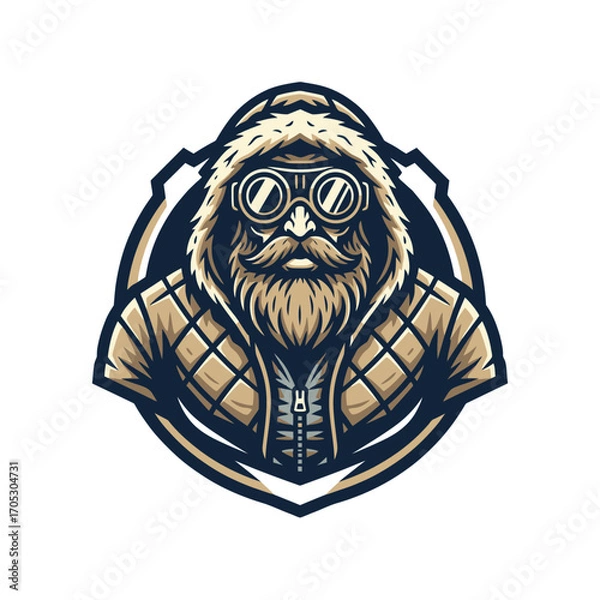 Fototapeta Distinctive illustration of a rugged bearded character wearing a warm winter jacket and protective goggles, serving as a powerful mascot or avatar for adventure and outdoor branding
