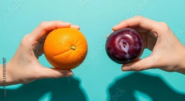 Obraz Hands holding an orange and a plum against a turquoise background.