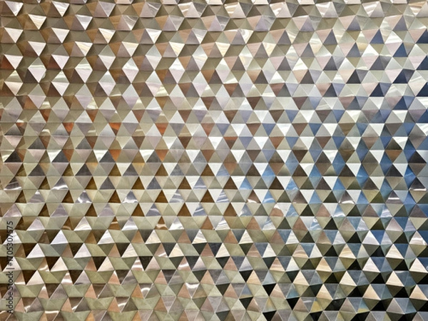 Fototapeta Reflective Geometric Triangle Pattern Wall Texture or Modern Metallic Triangular Facade Background.
