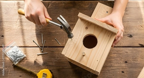 Obraz Hands carefully building a wooden birdhouse with a hammer on a rustic workbench.