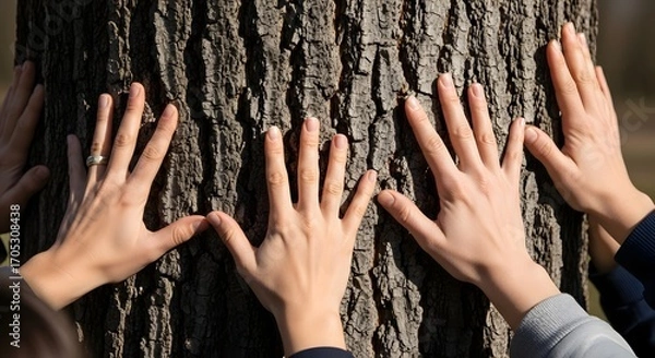 Obraz Hands Touching a Tree Trunk Connection with Nature.