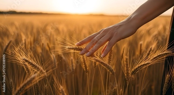 Obraz Hand Gently Brushing Through Golden Wheat Field at Sunset.