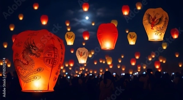 Obraz Glowing Sky Lanterns Illuminate the Night Sky During a Festival.