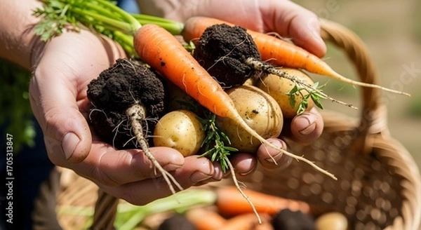 Obraz Freshly Harvested Carrots and Potatoes in Hands.
